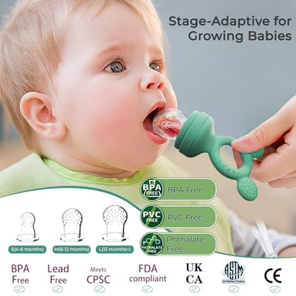 Baby Fruit Feeder 2 Pack with Freezer Tray, 4 Silicone Pouches in 3 Sizes, Breastmilk Popsicle Mold, Food Feeder Pacifier and Silicone Teether for Teething Relief, 4+ Months - color: Blue&Green