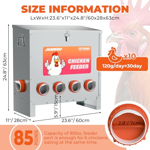 6 Port Automatic Chicken Feeder, No Waste Poultry Feeder with Lid - size: 6 Ports (85-120 LBS)