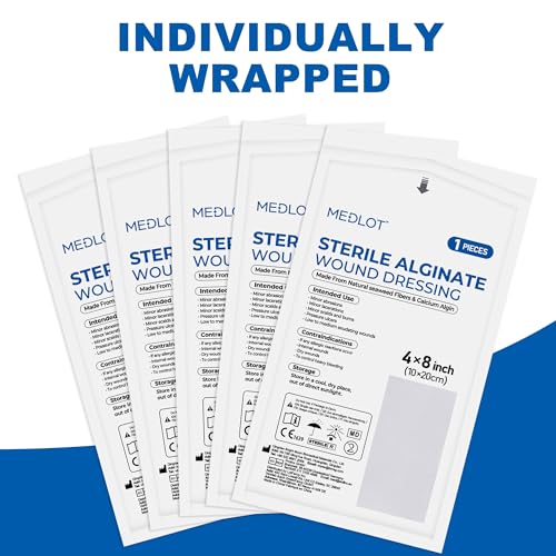 LotFancy Calcium Alginate Wound Dressing, Sterile 4”x8” 10 Pads, Nonstick | Highly Absorbent Non-stick Pads for Exuding Wounds, Post-Surgery Care, Minor Burns, Cuts and Traumatic Wounds, Fast Healing - style: 4"x 8" (10-Count)