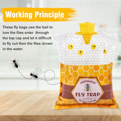 6 Fly Traps Outdoor, Big Fly Bag with Bait Disposable Hanging, Fly Hunter Repellent Control Catcher Killer, Ranch Stable Horse Farm Fly Trap for Barn, Farm, Mosquito, Bug, 6Pack-A2