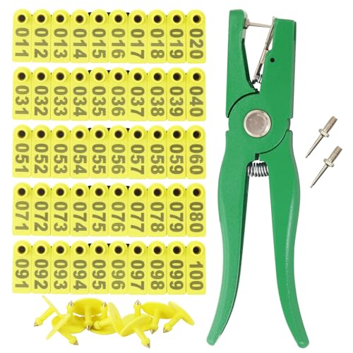 Sheep Goat Ear Tags Numbered 001-100 Plastic with Applicator Plier Tool | Livestock Ear Tags with 2 Ear Tag Pins for Sheep Goats Hogs Pigs Farm Animal Tracking Identification (Yellow, 001-100) - color: Yellow, size: 001-100