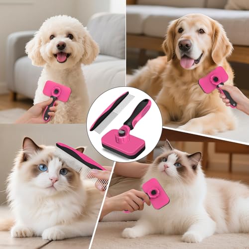 2PCS Self Cleaning Slicker Brush & Dog Comb - Skin Friendly Deshedding Grooming Tool for Dogs, Cats and Small Animals, Professional Deshedding Dematting Tool for Long and Short Haired Pets (Red) - color: Red