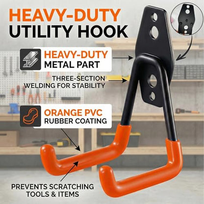 12 Pack Heavy Duty Garage Hooks, Steel Wall Mount Utility Hooks with Anti-Slip Coating, Storage Organizer for Hanging Ladders, Bikes, Power & Garden Tools, Hose, Ropes and Bulk Items-Orange