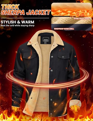 KEFITEVD Men's Winter Fleece Jacket Sherpa Lined Warm Cargo Trucker Coat - color: Black, size: Small