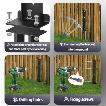 Fence Post Repair Kit,2PCS Thickened Heavy Duty Steel Support Kit for Fixing Tilted or Broken Wood Fence Post, Black