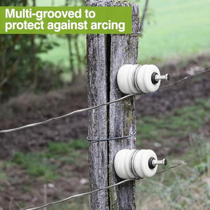 Pangda 25 Pack Multi-Groove Wood Post Ceramic Insulator with Double-Headed Nails and Washers Ceramic Electric Fence Insulator for Wooden Post Electrical Wire Ground Fencing Agricultural Supplies