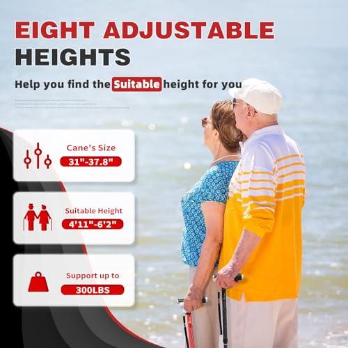 BeneCane Walking Cane for Women Folding Cane for Men with Two Led Lights Quad Cane with Stable Base Lightweight and Adjustable Walking Stick - color: Carved Black
