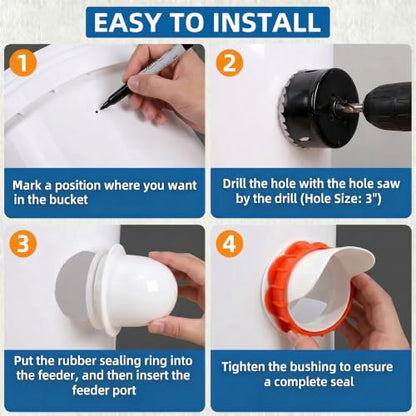 DIY Chicken Feeder Ports, 4 Ports Chicken Feeder No Waste, DIY Automatic Poultry Feeder Cups Kit, Rain Proof Gravity Feeder Port with Hole Saw for Buckets Barrels Bins Troughs