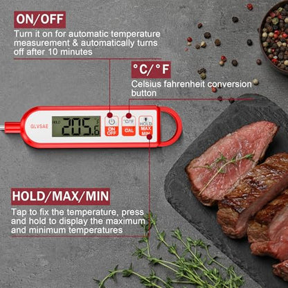 GLVSAE Digital Meat Thermometer Instant Readings in 1-2 Seconds Food Thermometer with Extended Probe Waterproof for Cooking, Confectionery Making, Barbecuing and as a Gift for Friends and Family