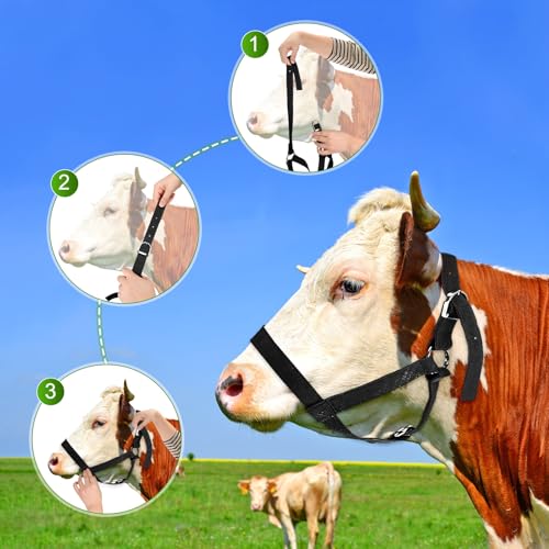 M METERXITY 2-Pack Adjustable Cattle Cow Calf Halter, 15.74"-19.68" Nylon Livestock Cow Halter for Miniature Horse/Donkey/Goat/Cattle [Black]