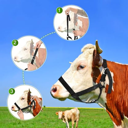 M METERXITY 2-Pack Adjustable Cattle Cow Calf Halter, 15.74"-19.68" Nylon Livestock Cow Halter for Miniature Horse/Donkey/Goat/Cattle [Black]