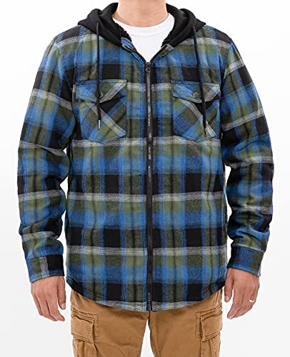ZENTHACE Men's Sherpa Lined Full Zip Hooded Plaid Shirt Jacket - color: Blue Plaid, size: Medium
