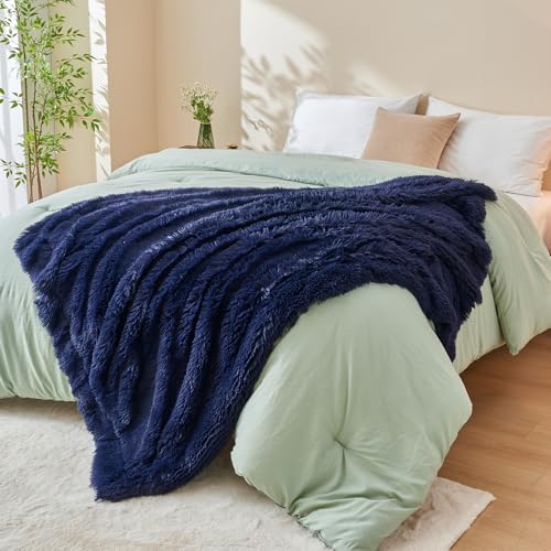 GONAAP Fuzzy Faux Fur Throw Blanket for Couch, Dark Navy, 50"x60" - color: Dark Navy, size: Throw(50"x60")
