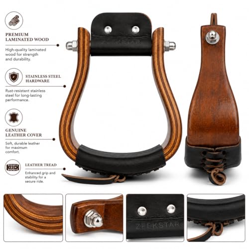 Wooden & Leather Western Horse Riding Stirrups – Handmade Wooden Saddle Stirrups with Leather Foot Tread