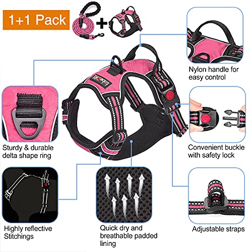 tobeDRI No Pull Dog Harness Adjustable Reflective Oxford Easy Control Medium Large Dog Harness with A Free Heavy Duty 5ft Dog Leash, Pink, M - color: Pink, size: Medium