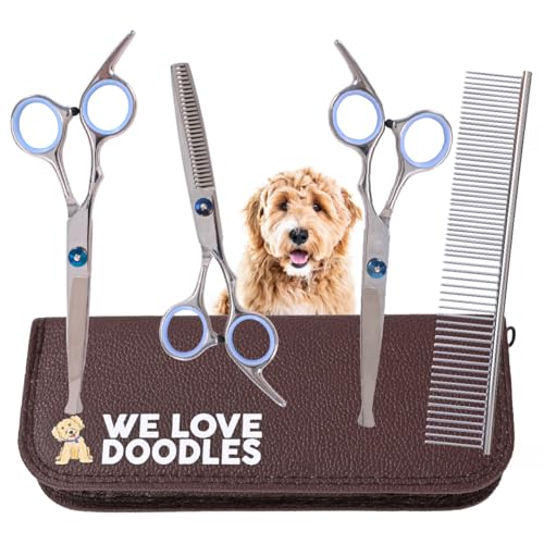 Dog Grooming Scissors Kit with Rounded Blunt Tips, Straight, Curved & Thinning Shears, Tools for Goldendoodles, Poodles & Doodles, Professional Grade Stainless Steel, 4 Pc Set [We Love Doodles] - size: Small