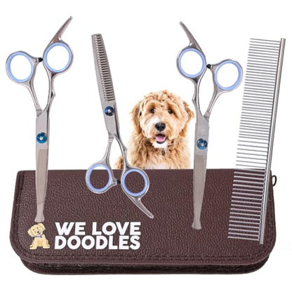 Dog Grooming Scissors Kit with Rounded Blunt Tips, Straight, Curved & Thinning Shears, Tools for Goldendoodles, Poodles & Doodles, Professional Grade Stainless Steel, 4 Pc Set [We Love Doodles] - size: Small
