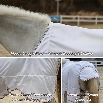 BARN & STABLE Breathable and UV Protective Tear-Resistant Mesh Horse Fly Sheet Comfy Equine Summer Sheet with Removable Web Leg Straps - color: White - Curvy Fit, size: 75 in