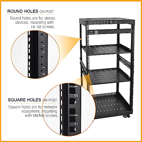 RIVECO 22U Network Rack with Reinforced Top & Bottom Vented Plates - 4 Rolling Wheels Floor Standing for 19" Equipment & Stereo Gear - Including 2PCS Shelves & Rail Mount PDU - size: 22U