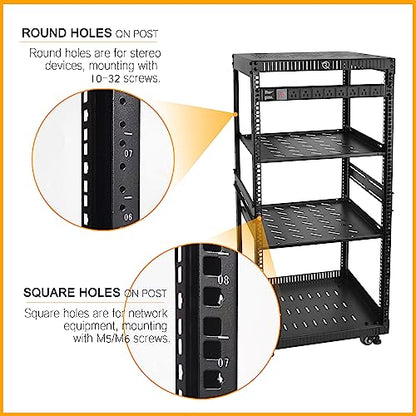 RIVECO 22U Network Rack with Reinforced Top & Bottom Vented Plates - 4 Rolling Wheels Floor Standing for 19" Equipment & Stereo Gear - Including 2PCS Shelves & Rail Mount PDU - size: 22U