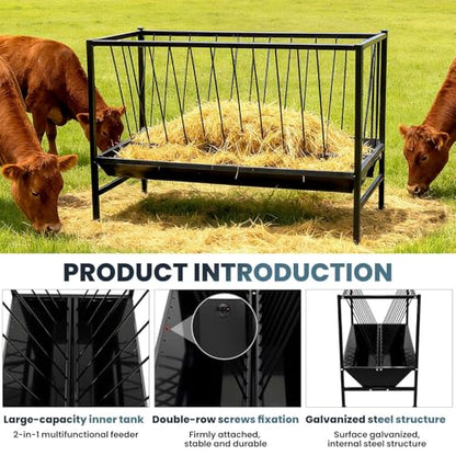 2 in 1 Hay Feeder 45 Gallon Hay Storage Plus 25 Gallon Grain Trough Heavy Duty Galvanized Steel Livestock Feeder Rust Prevention Anti Deformation for Goats Sheep Horses Cows Pigs