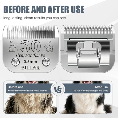 BILLAR® Detachable Pet Dog Clipper Blades, Compatible with Andis Size 30# Cut Length 1/50"(0.5mm),Most Oster A5,Wahl KM10 Series Clippers,Made of Ceramic Blade & Stainless Steel Blade（3PACK） - size: 30#-3PACK