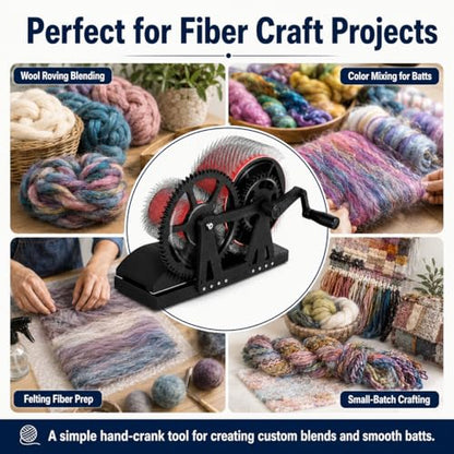 Manual Wool Carding Machine, Hand Crank Drum Carder for Wool Fiber Blending, Combing, Color Mixing, Felting, Spinning, Pom Pom Making and Pet Hair Processing, DIY Fiber Craft Tools