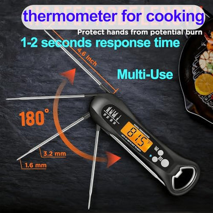 Instant Read Meat Thermometer, Waterproof Digital Food Thermometer | Backlit LCD Display, Long Probe, Fast Accurate Temperature Reading for BBQ, Grill, Candy & Oil Cooking (°C/°F)