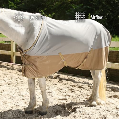 BARN & STABLE Breathable and UV Protective Tear-Resistant Mesh Horse Fly Sheet Comfy Equine Summer Sheet with Removable Web Leg Straps - color: Silver Gold, size: 78 in