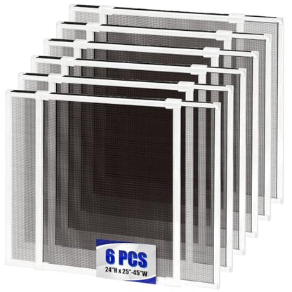6 Pack Expandable Window Screen, 2 Way Adjustable Sliding Window Screen, Horizontal (24" H x 25" - 45" W), Horizontal and Vertical Adjustable, Replacement Screen for Window, Window Screens Mesh - size: 24"H x 25"-45"W