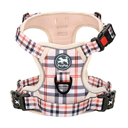 PoyPet Plaid Dog Harness Small, No Pull Vest with Front Clip & Neck Buckle - color: Checkered Beige, size: XS