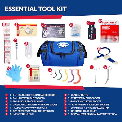 Fully Stocked Trauma First Aid Kit – First Responder II Bag with Tools, Gauze, Bandages, Scissors & Gloves – Compact & Portable – OSHA and ANSI Compliant – Blue - color: Blue