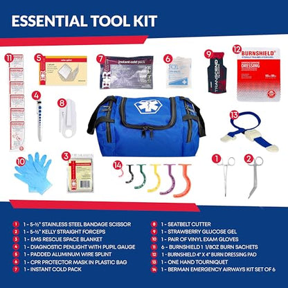 Fully Stocked Trauma First Aid Kit – First Responder II Bag with Tools, Gauze, Bandages, Scissors & Gloves – Compact & Portable – OSHA and ANSI Compliant – Blue - color: Blue