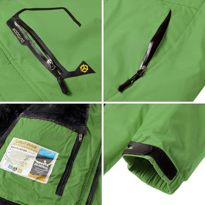 Men's Winter Ski Jacket Warm Fleece Waterproof Outdoor Mountain Hiking Windbreaker Hooded Snow Rain Coat - color: Green, size: Medium