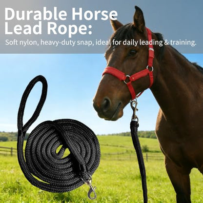 Double Braided Nylon Horse Lead Rope with Snap Hook, Black, 15 FT, Durable Lightweight (Black, 15FT) - color: Black, size: 15FT