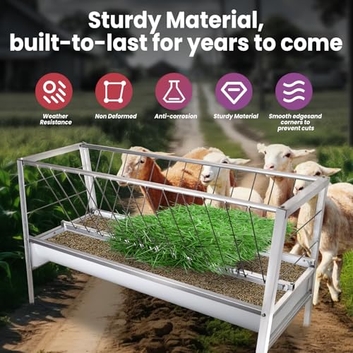 Livestock Grain & Hay Feeder for Goats, 90 Gallon Large Capacity Pasture Hay Feeder with Deeper 23.6 Inch Wide Grain Trough, 59-Inch Long Stainless Steel Goat Hay Feeder for Goats, Sheep, Horse