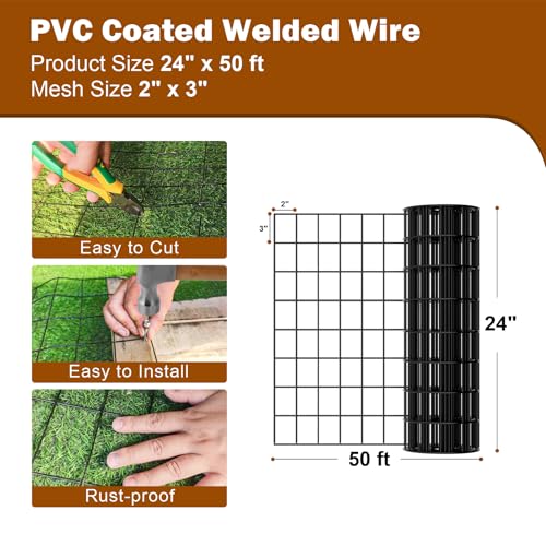 Black Vinyl Coated Welded Mesh Fence 24" x 50ft PVC Chicken Wire Fencing 16 Gauge 2" x 3" Gap for Vegetable Garden, Yard,Animal Protection,Pet Enclosures DIY Projects Poultry Netting - size: 24" x 50 ft