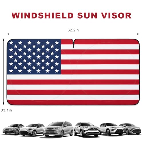 Windshield Sun Shade with American Flag Design, Heat-Insulation Patriotic Auto Sun Shade for Front Windshield, Foldable US Flag Windscreen UV Ray Blocker for Cars Trucks SUVs (Red) - color: Red