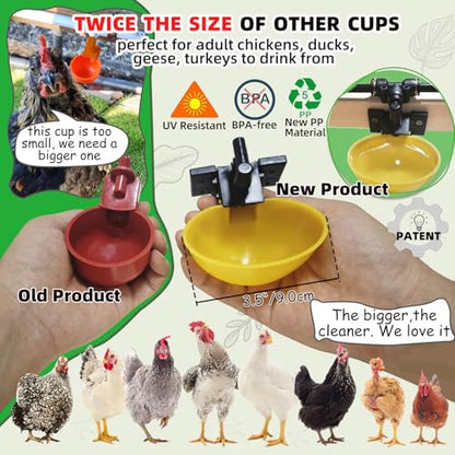 Complete Set Pipeline Automatic Chicken Waterer System, Innovative Quick-Connect Water System with Large Size Water Cups Removable and Washable, 21ft Pipeline and Float Valve (Yellow, 10Cups) - size: 10Cups