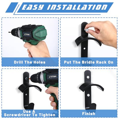 6 Pcs Horse Bridle Rack Wall Mount Black Metal Bridle Holder with Hook and Screws Bracket for Horse Barn Tack Room Stall Storage Derby Day Supplies