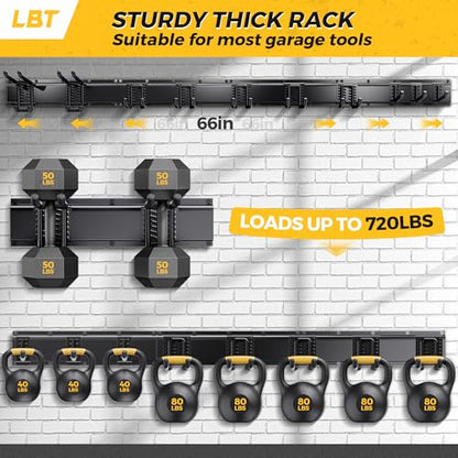 LBT 66" Garage Tool Organizer Wall Mount - 720lbs Garden Tool Organizer | Anti-Rust, Adjustable Hooks, Sheds Garden Tool Organizer Black, Gifts For Men Dad Husband - size: 66inch