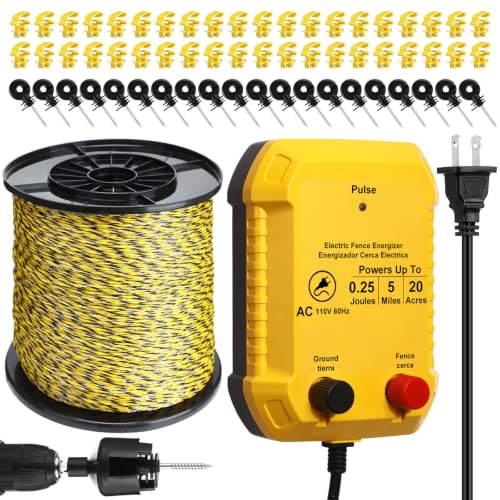 Electric Fence Kit, 5 Mile 110vac 0.25j Fence Charger 3366 ft Polywire