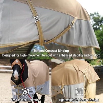 BARN & STABLE Breathable and UV Protective Tear-Resistant Mesh Horse Fly Sheet Comfy Equine Summer Sheet with Removable Web Leg Straps - color: Gold Silver, size: 69 in
