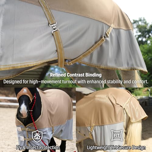 BARN & STABLE Breathable and UV Protective Tear-Resistant Mesh Horse Fly Sheet Comfy Equine Summer Sheet with Removable Web Leg Straps - color: Gold Silver, size: 78 in