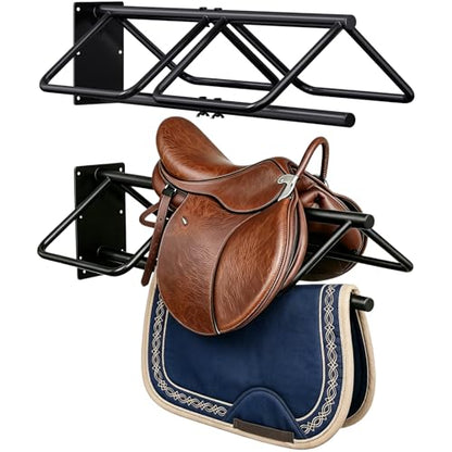 2 Pcs Saddle Rack Wall Mount with Saddle Pad Bar, 120-lb Capacity Heavy Duty Steel Horse Saddle Stand, Blanket Holder Tack Storage for Western English Saddles, Tack Room Barn Organizer, Black