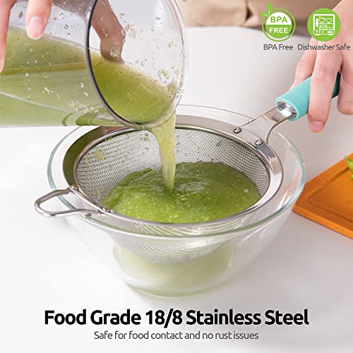18/8 Stainless Steel Mesh Strainer: U-Taste 5.5 Inch Kitchen Fine Mesh Sieve Food Colander with Riveted Sturdy Silicone Handle and 30 Mesh Hole for Straining Flour, Pasta, Fruit, Quinoa(Aqua Sky) - color: (1) Aqua Sky, size: Medium (5.5 x 13 in)