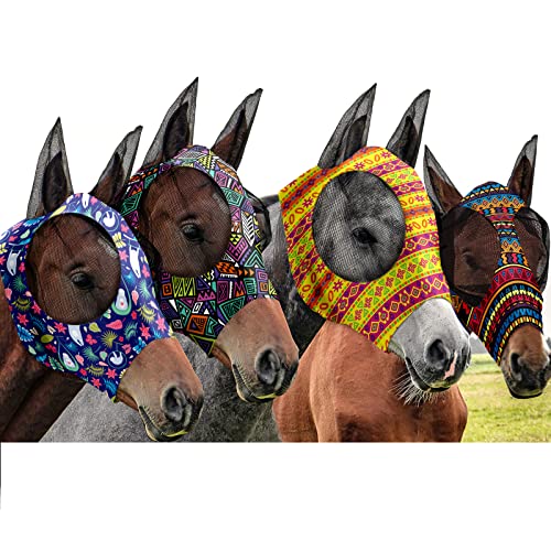 Frienda 4 Pcs Horse Fly Mask with Ears Mesh Comfort, Geometric, Medium - size: Medium