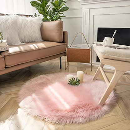 Ashler Faux Fur Rug, Pink Fluffy Shaggy Area Rug, Soft 3x3 Ft Round Sheepskin, Fuzzy Machine Washable Carpet, Nursery Rug for Kids Bedroom, Living Room - color: C-pink, size: 3' (Round)