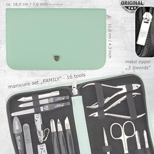 3 Swords Germany - brand quality 16 piece manicure pedicure grooming kit set fashion leather case mint, Made in Germany - color: MINT