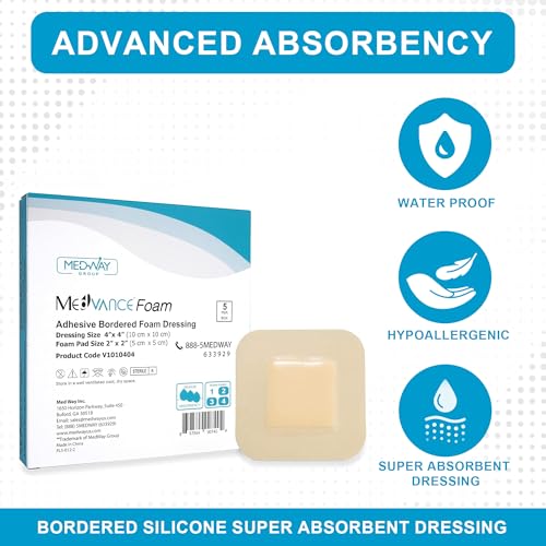 Medvance Waterproof Adhesive Bordered Foam Dressing, 4"x4", Box of 5 | Individually Wrapped - Highly Absorbent Bandages - Semi-Permeable Foam Wound Dressing Pads - size: 4"X4"
